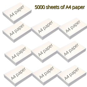 5000 sheets of 80GSM A4 premium white paper (8.27 inches x 11.69 inches). Each pack contains 500 sheets