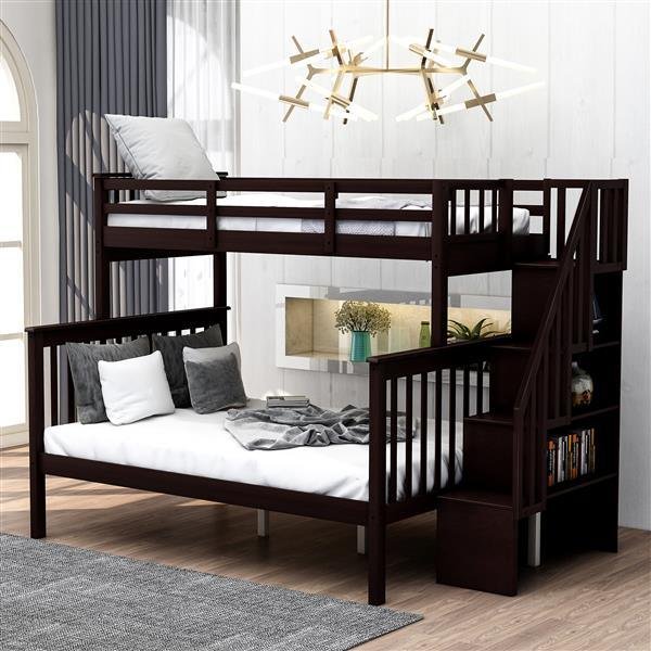 Stairway Twin-Over-Full Bunk Bed with Storage and Guard Rail for Bedroom, Espresso color Stairway Twin-Over-Full Bunk Bed with Storage and Guard Rail for Bedroom, Espresso color