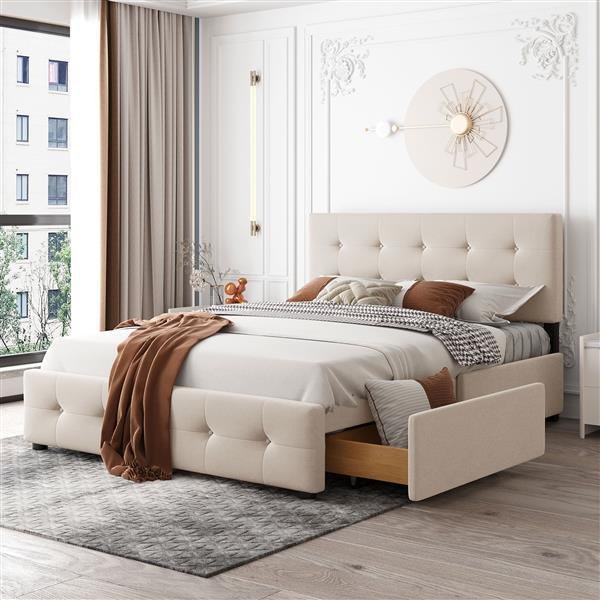 Upholstered Platform Bed with Classic Headboard and 4 Drawers, No Box Spring Needed, Linen Fabric, Queen Size Beige Upholstered Platform Bed with Classic Headboard and 4 Drawers, No Box Spring Needed, Linen Fabric, Queen Size Beige